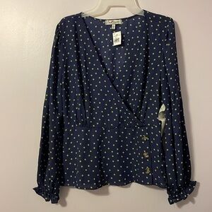 Crave Fame by Almost Famous Navy with Green Polka Dot Faux Wrap Peplum Blouse L
